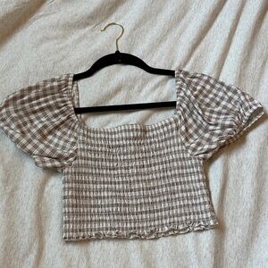 Caution To The Wind Beige & White Gingham Smocked Puff Sleeve Crop Top